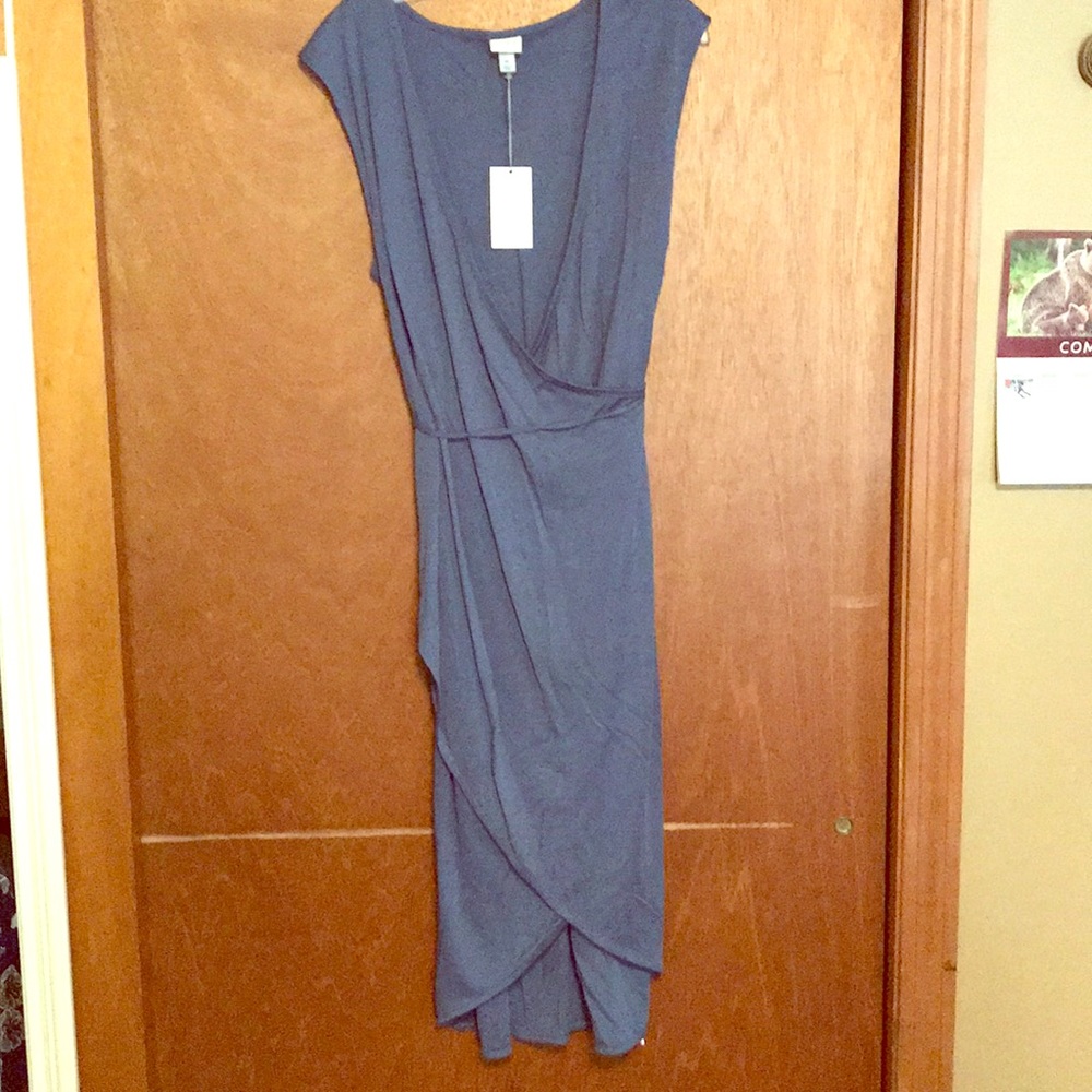 Slate blue faux wrap dress with hi lo hem